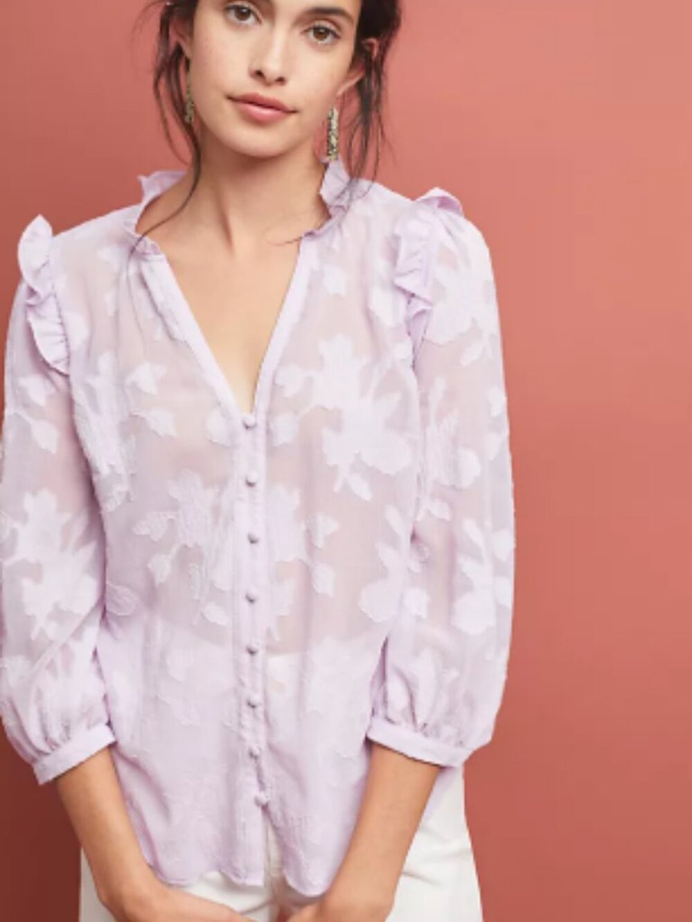 Anthropologie Maeve Lilac Burnout Floral Sheer Ruffle Blouse 12